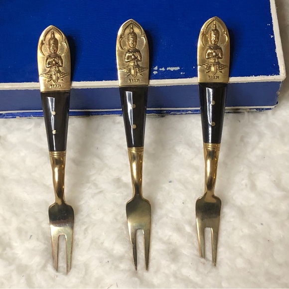 Vintage Ruby Jewelry, Siam Solid Bronze Fork & Knife Cocktail Flatware Set Of 6 - Picture 5 of 11